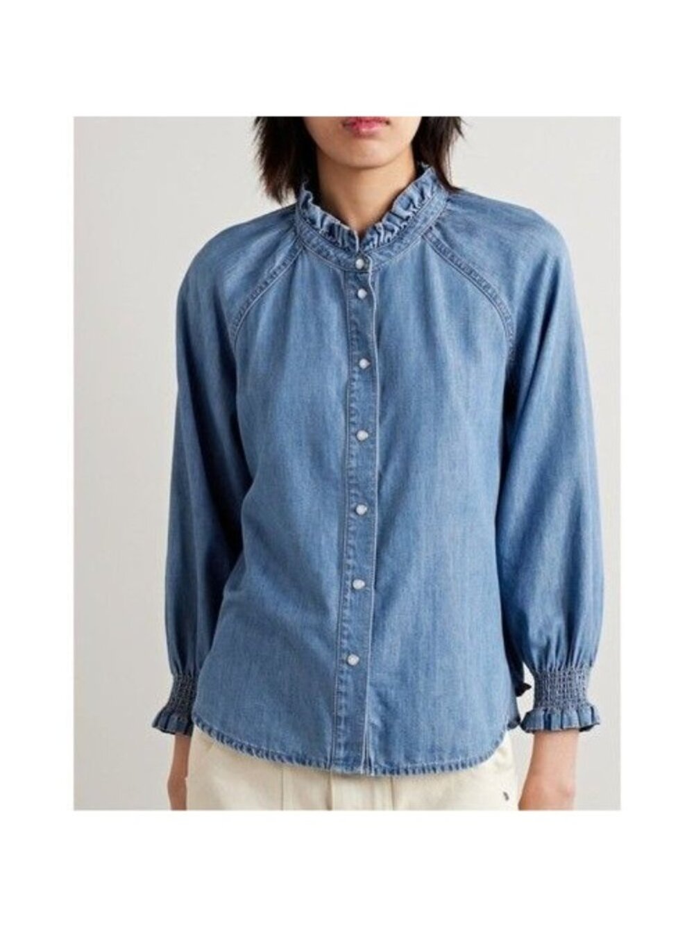 Veronica Beard Womens Size L Calisto Chambray Top Ruffle-Neck Button-Up Blue - Picture 5 of 9